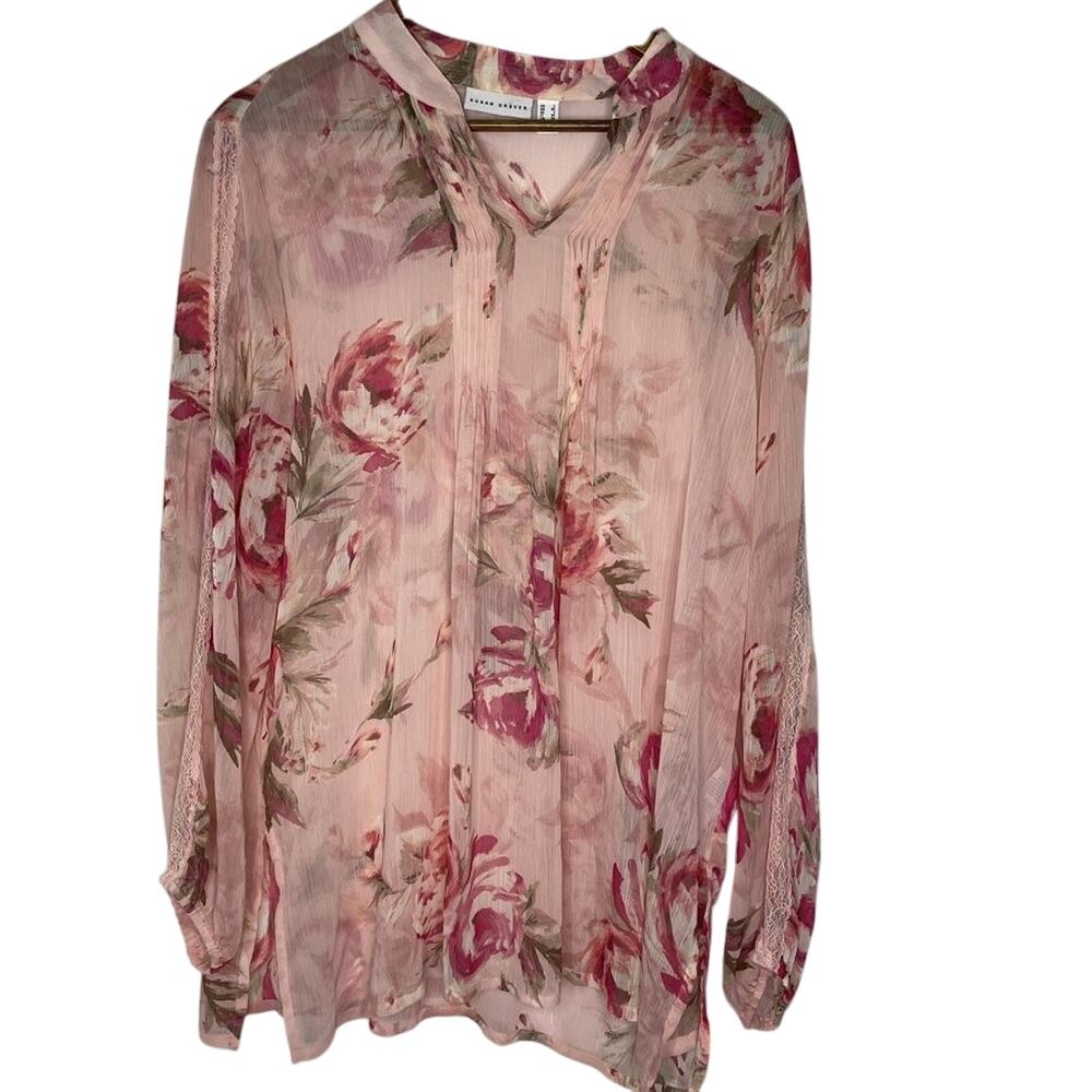 Susan Graver Blouse Womens Large Pink Floral Sheer Long Sleeve Pleated Top